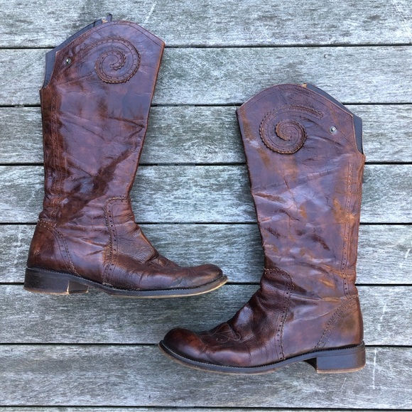 Vintage Italian Brogue Oiled Brown Leather Tall Riding Western Boot Italy 41/11 - Picture 14 of 15